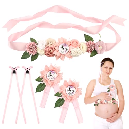 5 Pcs Pink Baby Shower Sash and Pin Set, Floral Maternity Belly Sash