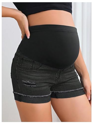 BEAUDRM Women's Maternity Adjustable High Waist Denim Mini Shorts - color: Solid Black, size: Small