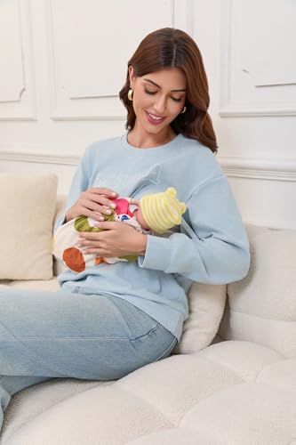 Women Waffle Knit Mama Embroidered Zippers Breastfeeding Nursing Sweatshirt - color: Blue, size: Medium