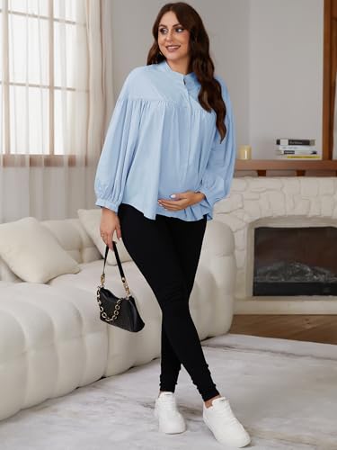 Womens Maternity Button Down Work Shirts Nursing Blouses Business Pleated Lantern Sleeve Pregnancy Office Tops - color: Blue, size: XX-Large