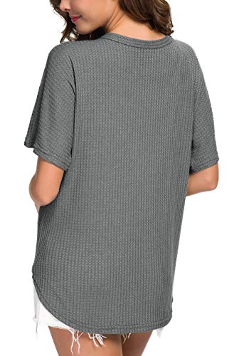 IWOLLENCE Women's Waffle Knit Tunic Blouse Tie Knot Short Sleeve Henley Tops Loose Fitting Bat Wing Shirts - color: C-dark Grey, size: X-Large