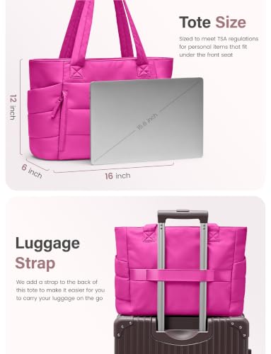 Uselike Tote Bag for Women with Zipper, Quilted Puffer Tote Bag with Compartments, Lightweight Puffy Work Bags for Women - color: Raspberry Pink