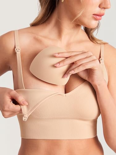 MOMANDA Ribbed Longline Nursing Bras - color: Beige, size: X-Large