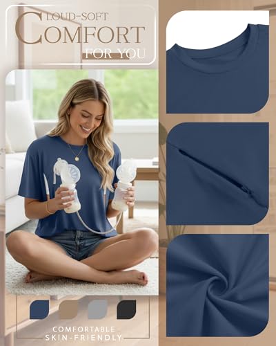 4 Pack Nursing Breastfeeding Shirts - color: Haze Blue, Khaki, Light Gray, Black, size: Small