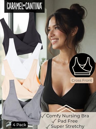 Caramel Cantina 4 Pack Nursing Maternity Women’s Sleep Comfort Bralette Bra - color: Basics, size: XX-Large