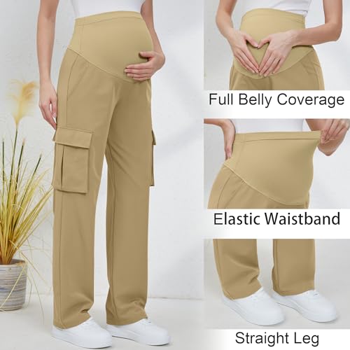 GLAMIX Women's Maternity Cargo Pants with Four Pockets Over The Belly Scrub Pants Pregnancy Clothes - color: Khaki, size: Small