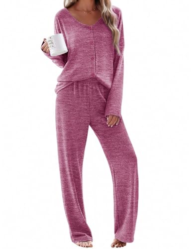 Ekouaer Womens Pajama Sets Button Up Long Sleeve Lounge Set Soft V Neck Pj - color: Rose Red, size: Medium