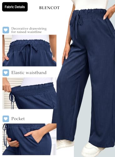 BLENCOT Maternity Pants Wide Leg High Waisted Flowy Pregnancy with Pockets - color: Navy Blue, size: Medium