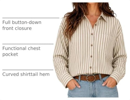 CHYRII Women's Striped Button Down Long Sleeve Blouse - color: Olive Green, size: Large