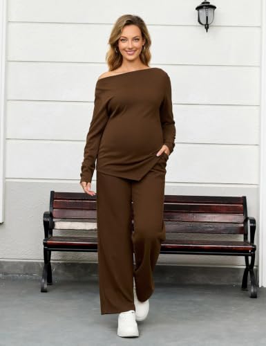 Bhome Maternity Sets 2 Piece Outfits Casual Pregnancy Loungewear - color: Brown, size: Large