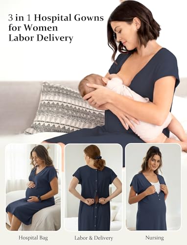 PATPAT Maternity Labor and Delivery Gown, Womens Hospital Gown with Pockets - color: Navy Blue, size: Medium (Fit S/M)