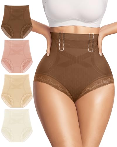 Women's Underwear 4 Pack High Waisted Tummy Control Ladies Panties with Lace Comfortable Briefs Full Coverage - size: X-Large