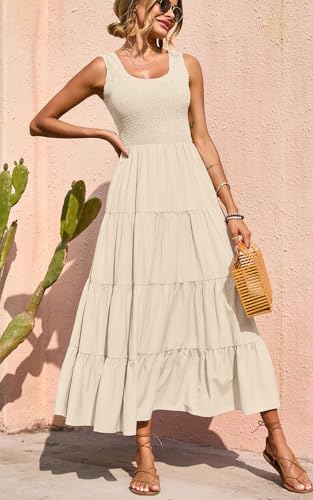 PRETTYGARDEN Women's Smocked Tank Casual Plain Maxi Sundress with Pockets - color: Apricot, size: Medium