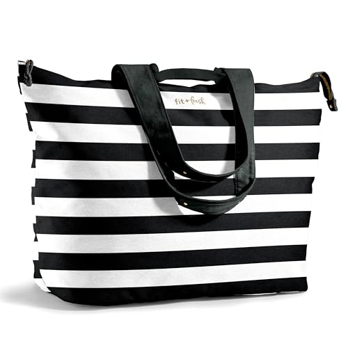 Fit & Fresh All The Things XL Beach Bag for Women, Oversized Travel Tote - color: Black & White Stripe