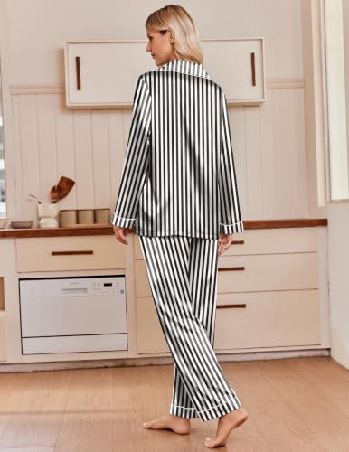 Ekouaer Silk Satin Pajamas for Womens Button Up Long Sleeve Pjs Lounge Set - color: Black Champagne Stripe, size: X-Large