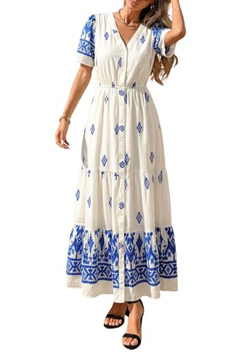 PRETTYGARDEN Womens Short Sleeve Boho Maxi Dress - color: Apricot Blue Flower, size: Medium