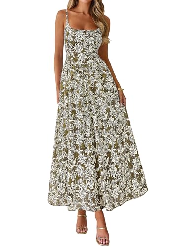 PRETTYGARDEN Women's Summer Boho Maxi Dress A Line Eyelet Floral Sundresses - color: Floral Army Green, size: XX-Large