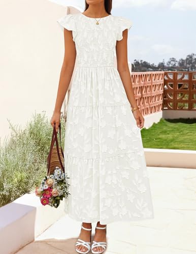 ZESICA Women's Summer Floral Boho Smocked Flowy Maxi Dress - color: White, size: Medium
