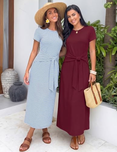 MEROKEETY Women's Summer T Shirt Casual Work Wrap Maxi Dresses - color: Stripe Blue, size: Medium