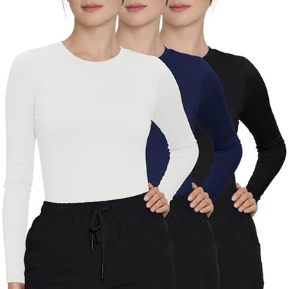 3 Pack Underscrub Long Sleeve Women High Crew Neck, Scrub Undershirt - color: Black/White/Navy Blue, size: X-Small
