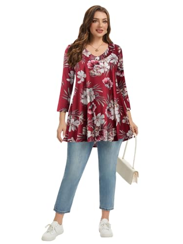 LARACE Plus Size Tunic Womens 3/4 Sleeve Tops V Neck Swing Loose Blouses - color: A-wine Red18, size: 5X