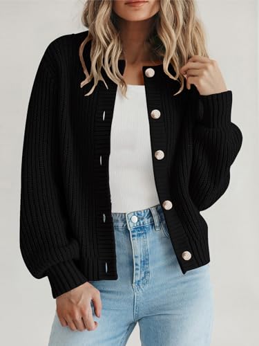 PRETTYGARDEN Women's Chunky Knit Button Up Cardigan Sweaters Outerwear - color: Black, size: Large