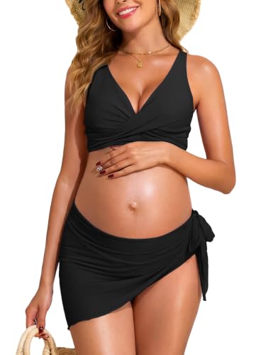 Summer Mae Maternity 3 Piece Swimsuits Low Rise Bikini Tie Sarong Swimwear - color: Black, size: 10