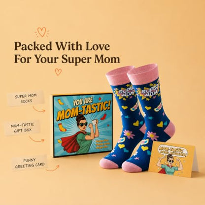 Funny Socks for Mom,Mom to be Gift with Box & Card,Size 6-12 - color: Super Mom-flower