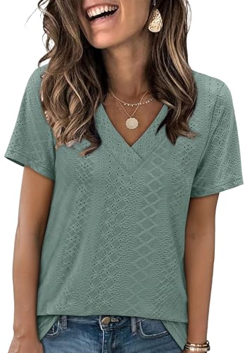 SAMPEEL Women's Eyelet Crossed V Neck Short Sleeve T-Shirt - color: Classic Green, size: 3X-Large
