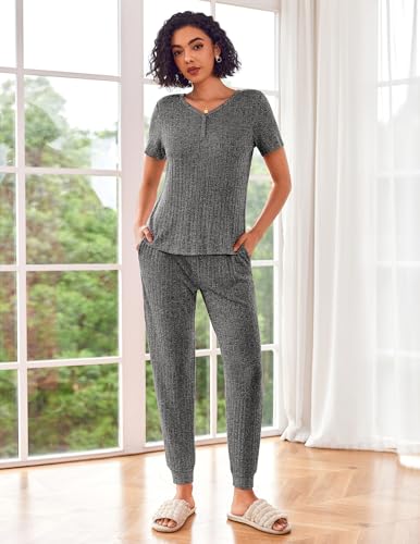 Ekouaer Pajama Sets for Womens 2 Piece Jogger Pants Lounge Set - color: Gray, size: XX-Large