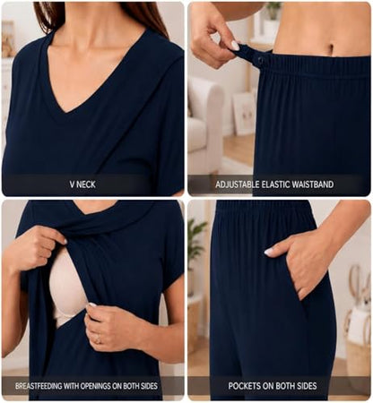 Rnxrbb 3 PCS Women Nursing Pajamas Set Postpartum Maternity Pj with Pockets - color: Navy, size: Small