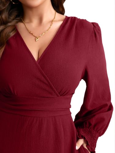 RWJ Women's Plus Size Fall Wedding Guest Dress Long Sleeve Maxi with Pocket - color: Burgundy, size: 3X-Large Plus