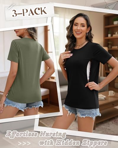 3 Pack Women's Nursing Shirts - color: Gray Green, Light Gray, Black, size: Small