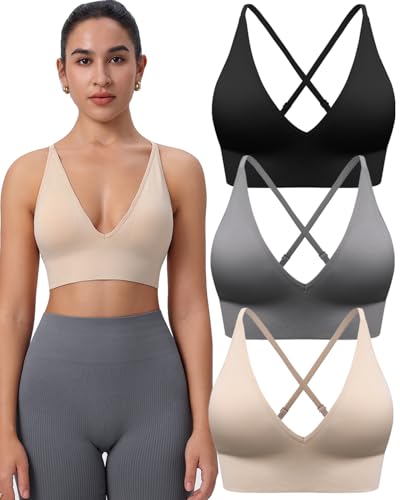 Women's V Neck Sports Bras, Adjustable Seamless Wireless Padded Bralettes - color: Black Gray Flesh 3 Pack, size: Large
