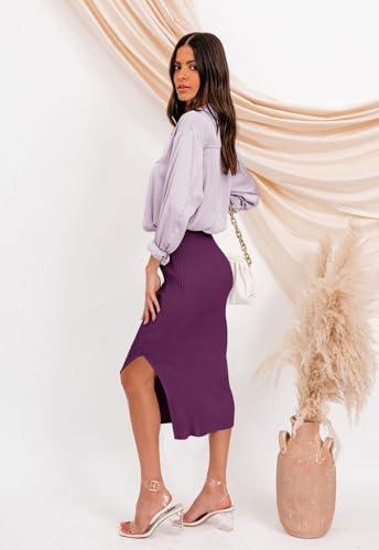HERBATOMIA Midi Pencil Basic Skirt Casual Solid Split Side Stretchy Ribbed Knit Bodycon Mid Length Skirts for Women - color: Deep Purple, size: Small