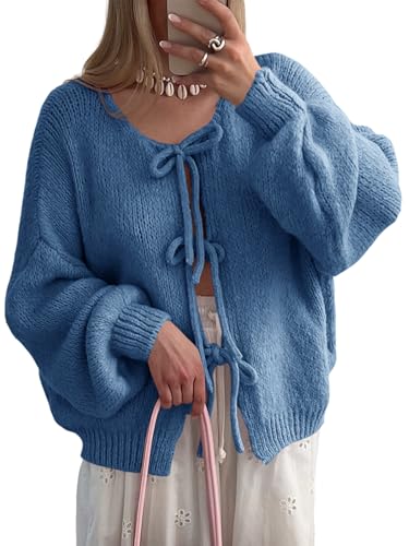 Saodimallsu Womens Tie Front Cardigan Oversized Long Sleeve Bow Sweaters - color: Blue, size: X-Large