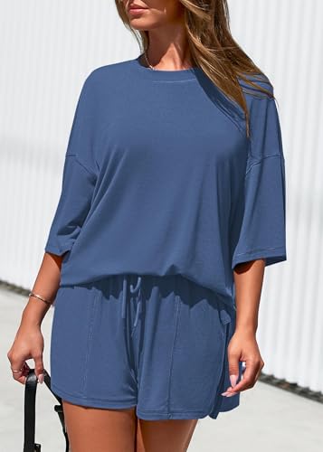 KIRUNDO 2 Piece Sets for Women Summer Lounge Sets Casual - color: Blue, size: Small