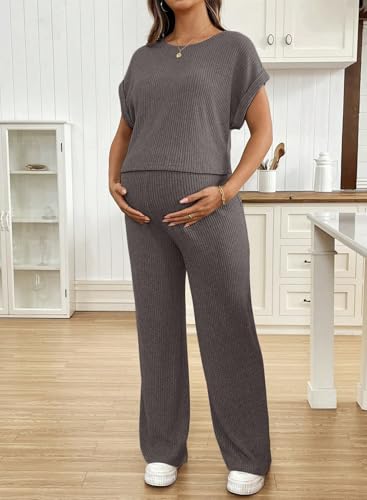 BLENCOT Maternity Sets Summer Ribbed Knit Pajamas Outfits - color: Grey, size: Small