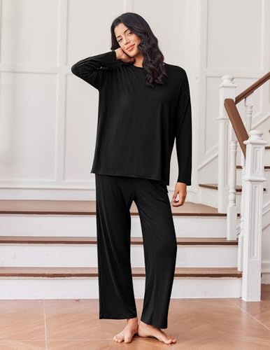 Ekouaer Lounge Sets for Women Long Sleeve Pajamas Fall Loungewear - color: Black, size: Medium