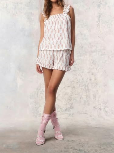 Women's Summer Pajama Set Cotton Ruffle Loungewear Sets - color: Pink Lotus, size: Medium