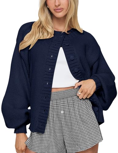 LOMON Womens Chunky Knit Cardigan Oversized Button Front Trend Sweater Tops - color: Navy Blue, size: Large