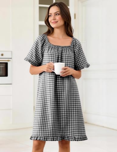 Flygo Womens Gingham Nightgown Cotton Pullover House Dress with Pockets - color: Black, size: X-Large