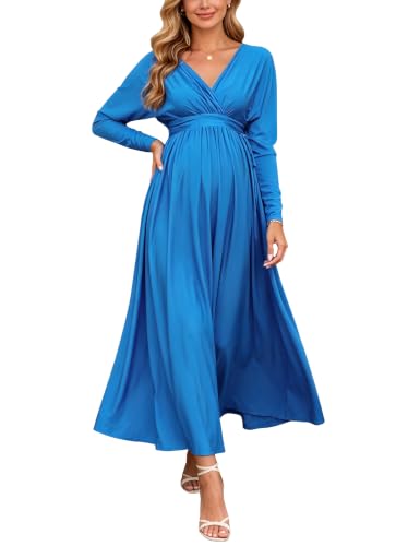 Maternity Long Sleeve V Neck Maxi Dress Tie Waist Flowy Maxi Gown - color: Blue, size: Medium