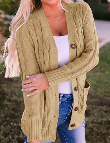 ZESICA Long Sleeve Button Down Open Front Cable Knit Cardigan Sweaters - color: Khaki, size: X-Large
