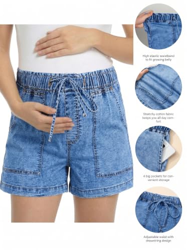 BLENCOT Maternity Jeans Shorts High Rise Stretchy Drawstring Postpartum - color: Dusk Blue, size: Small