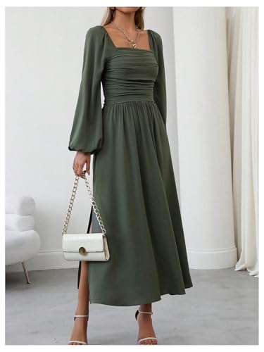 Floerns Women's Square Neck Lantern Long Sleeve Split Ruched Midi Dresses - color: Green, size: Large