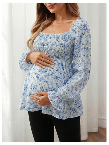 MakeMeChic Women's Maternity Blouse Long Sleeve Ruffle Peplum Dressy Shirts - color: Blue, size: Small