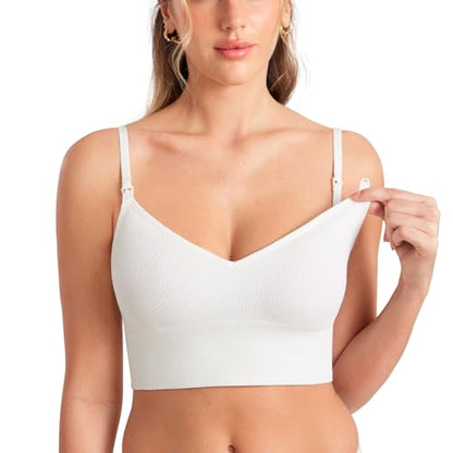 MOMANDA Ribbed Longline Nursing Bras - color: Iceland White, size: X-Small