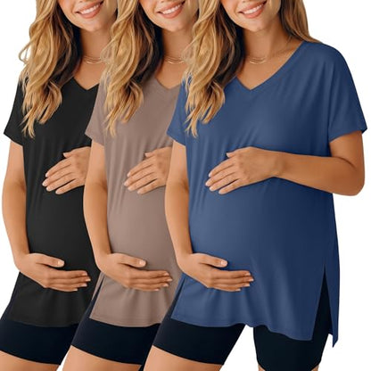 Ficerd 3 Pack Women's Maternity Shirts - color: Black, Coffee, Hazy Blue, size: Medium
