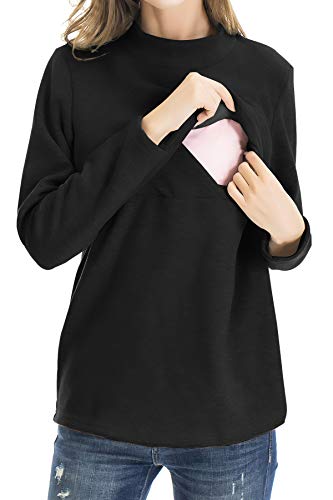 Smallshow Women's Fleece Nursing Tops Shirts Long Sleeve Breastfeeding Clothes - color: Black, size: Large